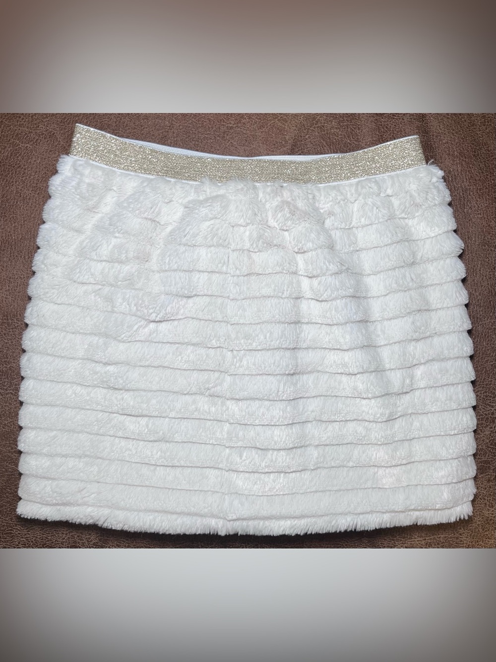Girls White Faux Fur Lined Mini Skirt Gold Glitter Elastic Waist Pull-On 6X